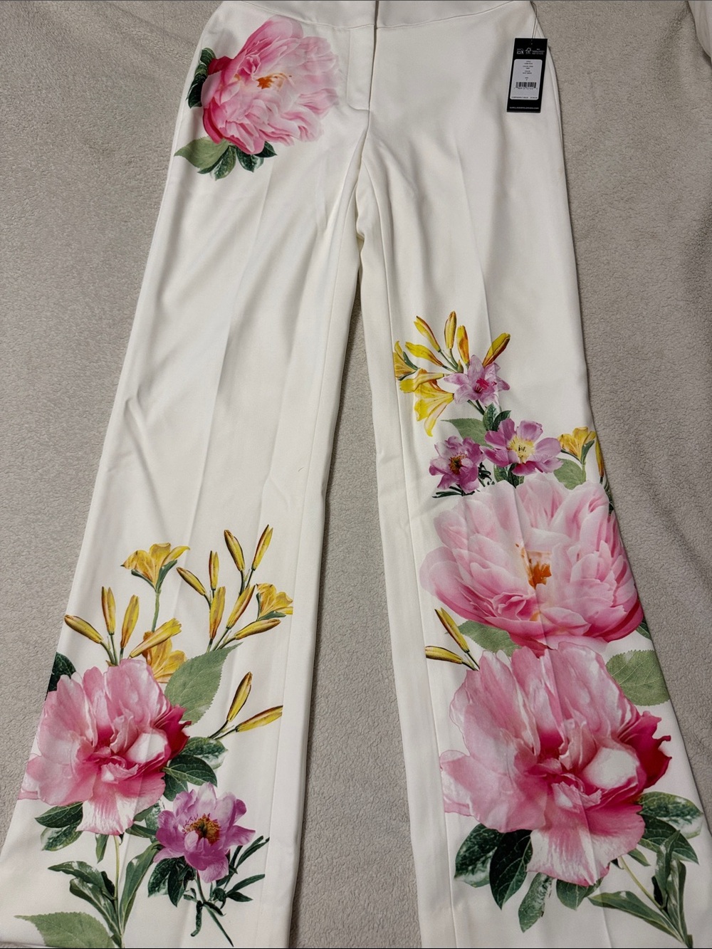 Karl Lagerfeld White Wide-Leg Pants with Pink & Yellow Floral Print